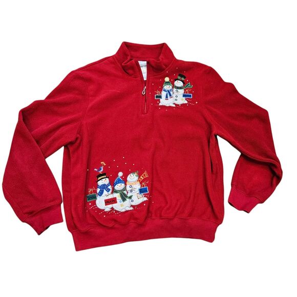 Vtg Christmas 1/4 Zip Sweater Womens PM Red Fleece Snowmen Cottage Cabincore - Picture 1 of 8